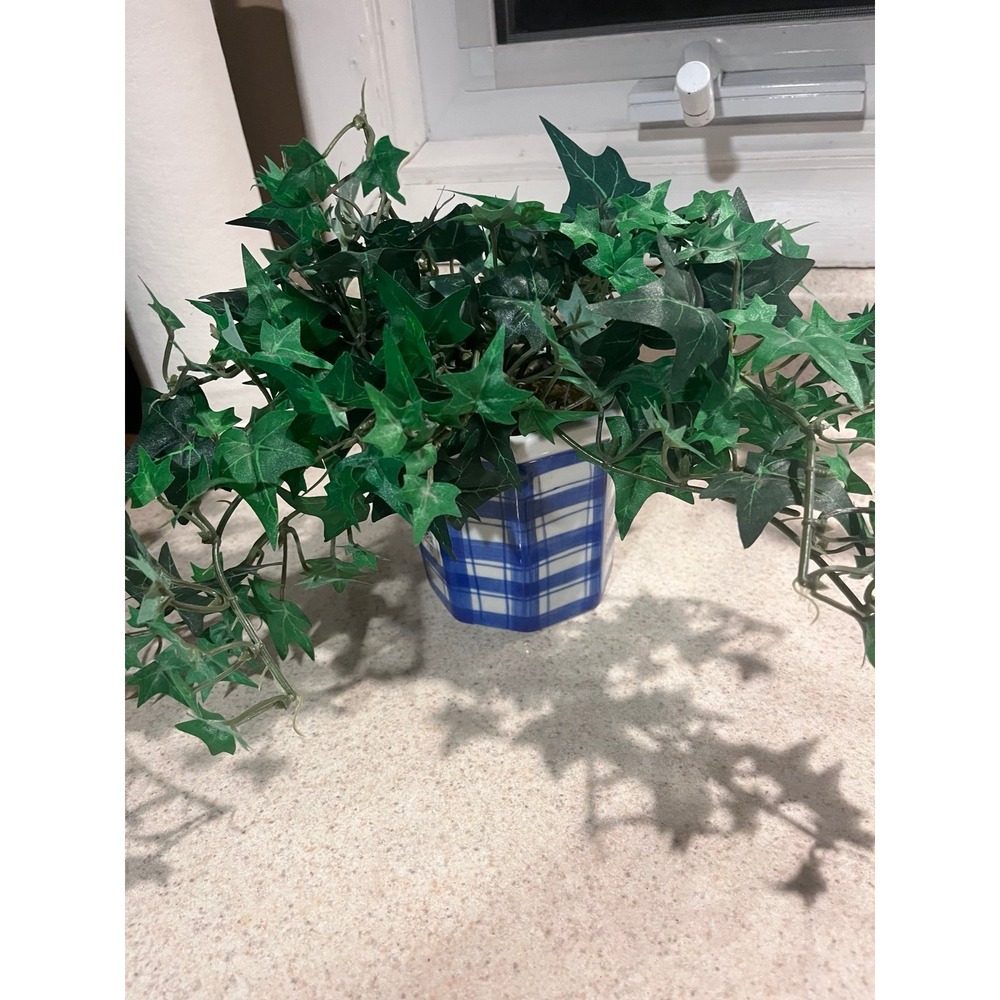 Vintage Mid-Century Style Blue and White Plaid Octagonal Ceramic Planter / Cache
